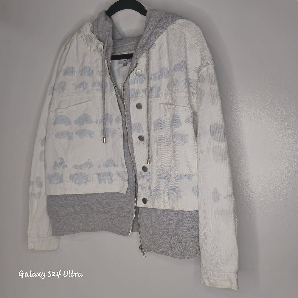 White and gray hooded denim jacket